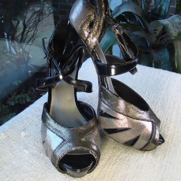 Guess silver patent black heel Multi Fabric Platform stiletto evening shoes, S 9 - Picture 1 of 8